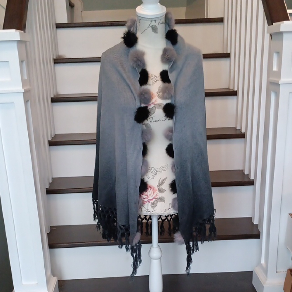 + Gray & Black Ombre Wrap Shawl w Fur Pom Poms